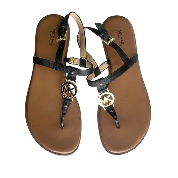 Michael Kors Womens Brown Thong Leather Sandals Shoes Gold MK Logo Sz 9 Designer - Picture 1 of 6
